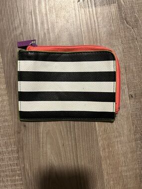 Sephora Black & White Striped Pouch with Coral Zip and Purple Wallet